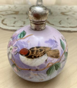 Antique Perfume Bottle Hand Painted Scene Of Bird On Flowering Tree Branch