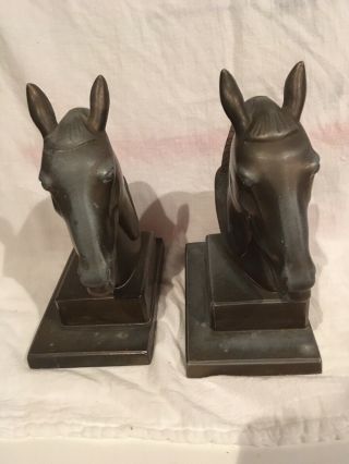 Vintage Antique Pair Brass Bookends Horse ' s Heads Marked Frank Art Inc 7.  5 