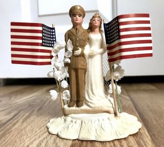 Vtg 1940s Wedding Cake Topper Ceramic Bride & Us Military Groom Topper 48 Star