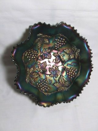 Antique Northwood Grape & Cable Carnival Ruffled Bowl (signed)