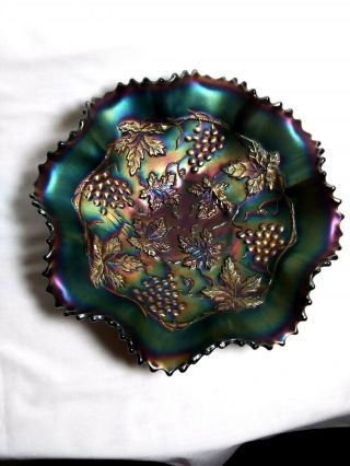 Antique Northwood Grape & Cable Carnival Ruffled Bowl (Signed) 2