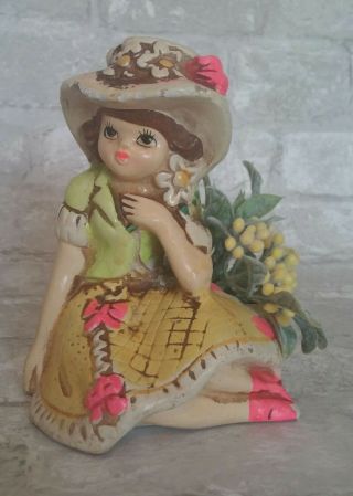 Vintage Chalkware Japan Girl With Hat Planter Yellow Pink