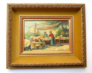 Vintage L.  Duchamp Framed Oil Painting On Wood Women In Countryside Market