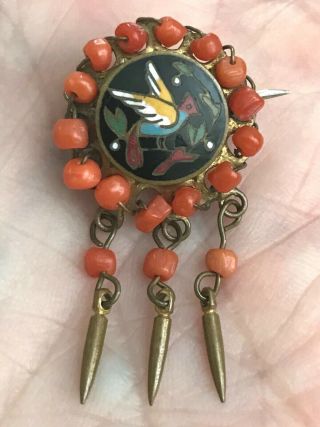 Antique Victorian French Revival Hand Painted " Bird In Flight " Coral Bead Brooch