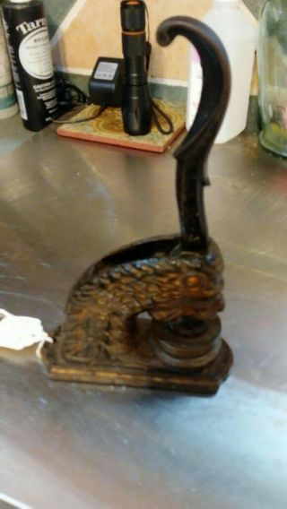 Antique Cast Iron Lion Head Seal Notary Embosser Patent Sept 27 1904 On Side