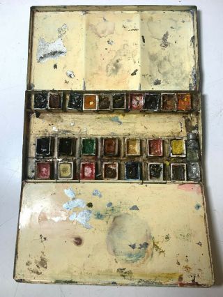 Vtg George Rowney & Co Early Field Watercolor Paint Box Set Metal Artist Antique