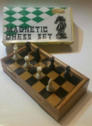 Vtg Black & Gold Chess/checkers Portable Magnetic Foldable Set Complete 8 X 7.  5 "