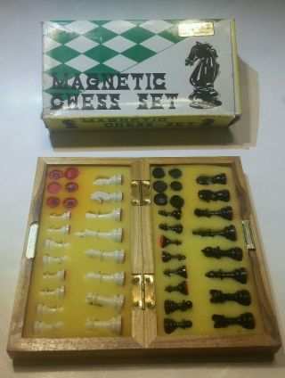 Vtg Black & Gold Chess/Checkers Portable Magnetic Foldable Set Complete 8 X 7.  5 