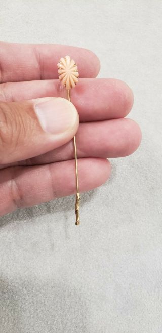 Antique 14kt Yellow Gold Carved Coral Stick Pin.  1.  3 Grams.