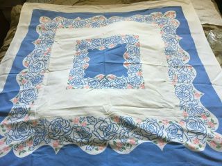 Vintage Print Tablecloth Blue Floral And Red 48 X 51