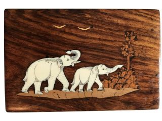 Vintage Handmade Wood Inlaid Elephants Trinket Jewelry Dresser Box India 4 " X 6 "