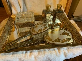 Vintage Brass Pot Metal Mirrored Gold Vanity Tray Makeup Set Antique Estate Find