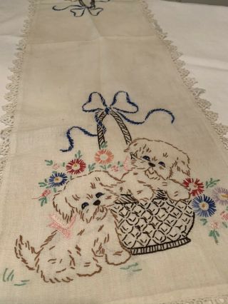 Vintage Hand Embroidered Puppies In Basket Dresser Scarf With Tatting Circa 1950