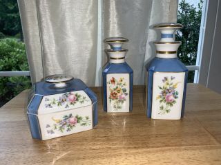 Antique French Porcelain Perfume Bottles & Powder Jar Hand Painted Blue Floral