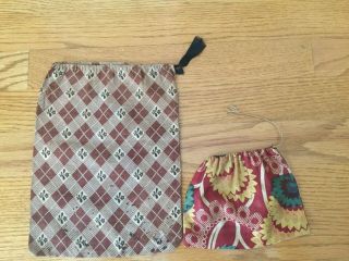 2 Antique Primitive Drawstring Bags Of Old Early Fabric