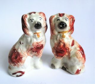 Pair Antique Staffordshire Russet Spaniel Dog Seated Pup Figure Figurine English