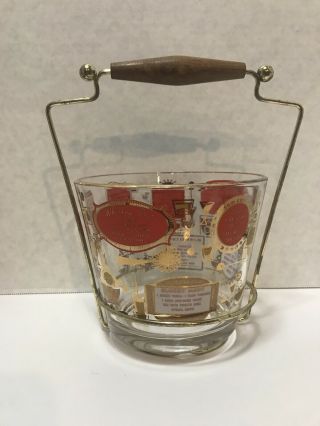 Vintage Mid - Century Jeanette Glass Ice Bucket With Cocktail Recipes And Stand