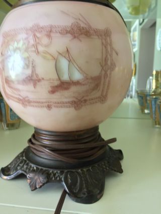 Antique Vintage Hurricane Lamp Pink Sail Boat Nautical Glass Globe Electrical 12 3