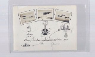 Photo Type Ww2 Era Christmas Greetings Card W/military Planes Theme 3 1/2 " X 5 "
