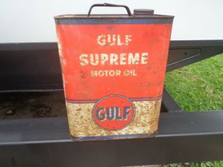 Vintage Gulf Supreme Motor Oil 2 Gallon Metal Can Gas Station - Empty