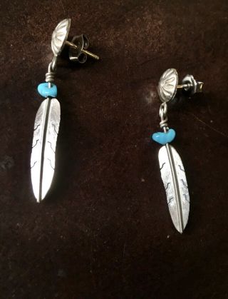 Vintage Navajo Sterling Silver Sleeping Beauty Turquoise Dangle Post Earrings 3g