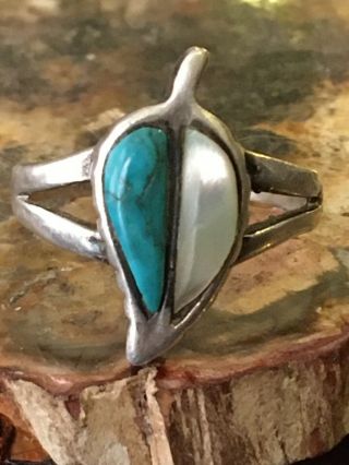 Vintage Navajo Sterling Silver Turquoise Mop 7/8” Leaf Shape Ring Size 6,  3.  3g