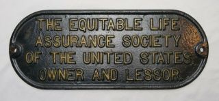 Antique Heavy Cast Iron Sign Plaque Equitable Life Assurance Society Advertising