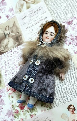 A Tiny Winter Dress For An Antique French Or German Doll Mignonette 4 1/2 - 5 " Ta