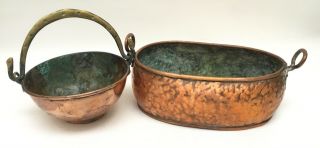 Tow (2) Antique Hammered Copper Bowls Planters Pot Oval And Round