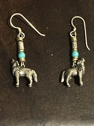 Vintage Navajo Sterling Silver Turquoise 1 7/8” Howling Coyote Dangle Earrings