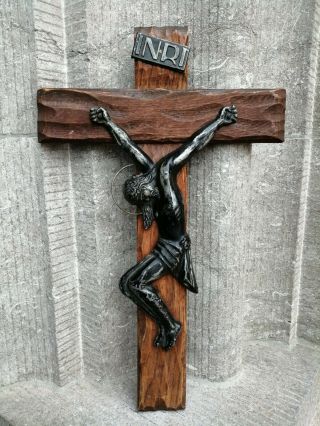 Antique Vintage France Carved Wood Crucifix Metal Art Deco Jesus Corpus Wall