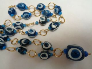 Vintage Blue Murano Evil Eye Glass Beaded Gold Link Lavalier Pendant Necklace