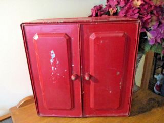 Antique Vintage 2 Door Metal Primitive Red Hanging Shelf Cabinet W/towel Bar