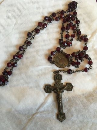 Vintage Old Antique Bohemian Ruby Red Glass Holy Catholic Rosary Prayer Beads