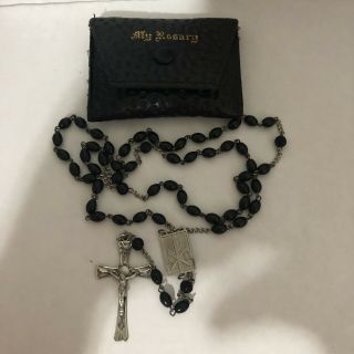 Vintage Afco Sterling Rosary With Black Beads And Black Leather Pouch