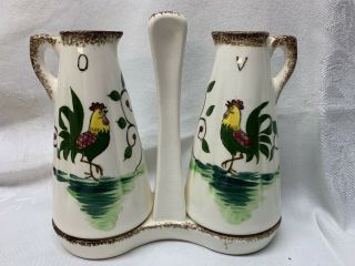 Vintage Napco Sd108 Ceramic Oil And Vinegar Pottery Set Hand Painted Rooster