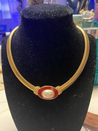 Gorgeous Vintage Designer Signed Monet Gold Tone Faux Pearl Red Enamel Necklace.