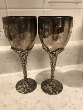 2 Vintage Godinger Silver - Plate Goblet Wine Glasses Grape Embossed Stem 7.  5” 2