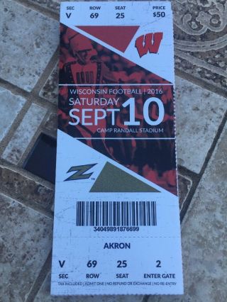 2016 Wisconsin Badgers Vs Akron College Football Ticket Stub 9/10 Ncaa