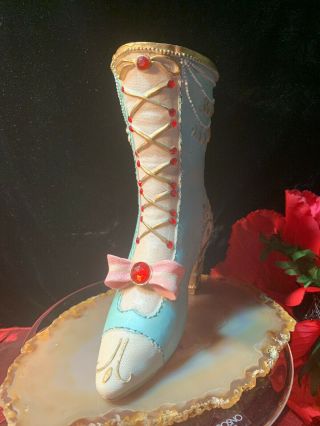 Vintage Blue Lady Shoe Boot Med Heel Porcelain Ceramic Gold Gilt Trim Pink Bow 2