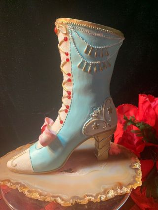 Vintage Blue Lady Shoe Boot Med Heel Porcelain Ceramic Gold Gilt Trim Pink Bow 3