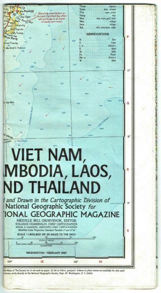 ⫸ 1967 - 2 February Map Vietnam Cambodia Laos Thailand National Geographic A1