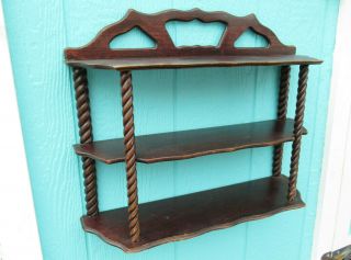 Vintage Wooden Wall Shelf 3 Tier Cut Out Top Pediment Display Knick Knack Curio
