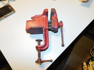 Vintage Made In USA Red Small Table Clamp Vise w Anvil 2 1/2 