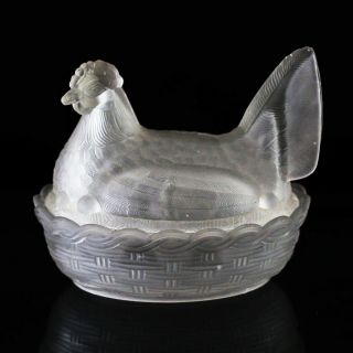 Antique C.  1900 French Clear Glass Candy Box Chicken On Nest Covered Dish