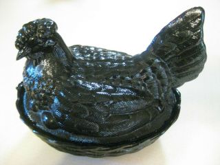 Large Vintage Black Chicken On Simulated Basket Weave Glass Nest.  Black Amethyst