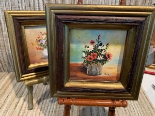 Vintage Pair Miniature 1960s Mid Century Framed Floral Flowers Oil Paintings