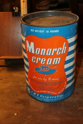 Antique Monarch Cream Large Empty 10 Pound Can Fmc Corp Circa 1940 - 50 