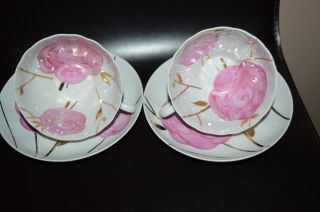 Dulevo Russian Porcelain Set Of 2 Tea Cup & Sauser Hand Painted Roses Vintage