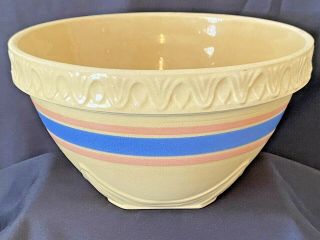 Vintage Mccoy Yellow Ware Large Mixing Bowl W/ Pink & Blue Stripes Piecrust Rim